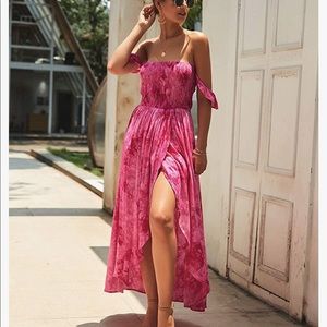Off the shoulder, high waist, tie dye, high low maxi dress